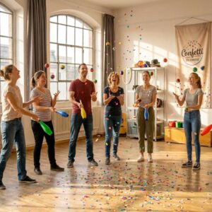 Confetti Jonglier Workshop – Erwachsene und Jugendliche lernen jonglieren im kreativen Kurs bei Konfetti Erlebnisse