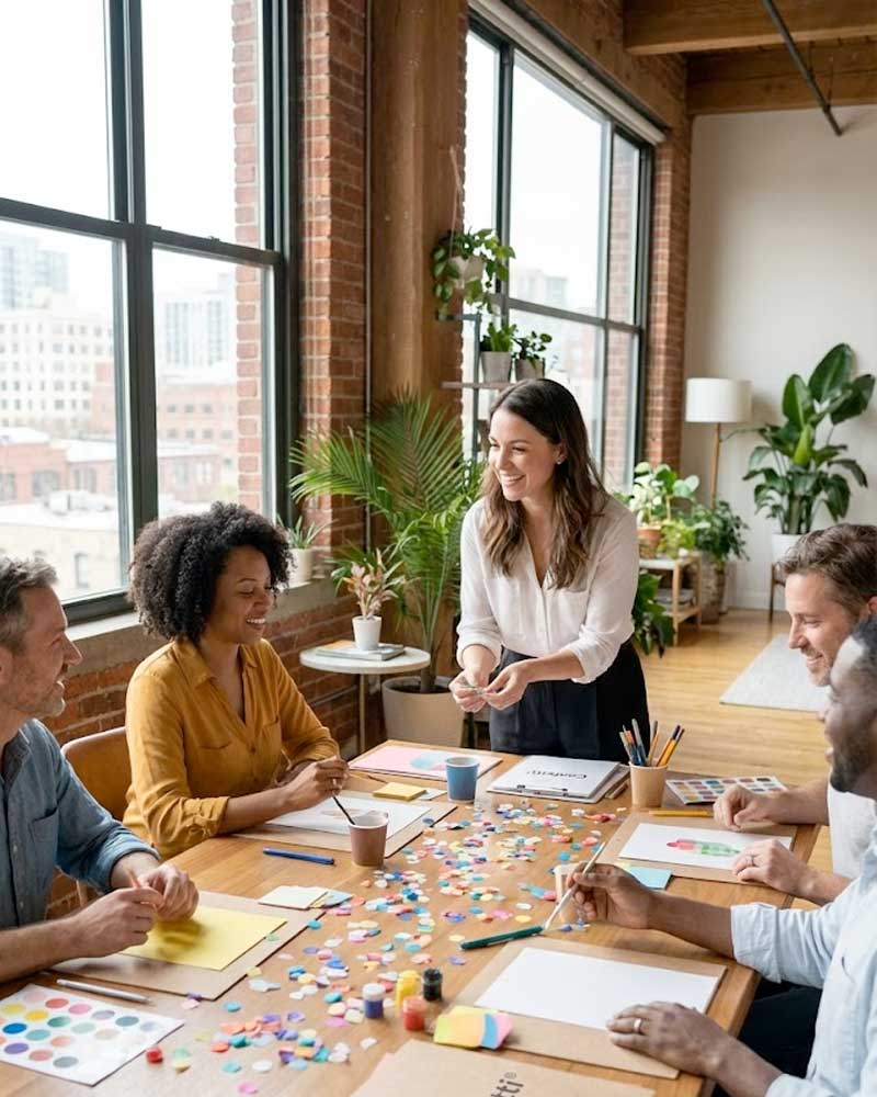 Kursleiterin erklärt einem kleinen Workshop-Team ein Konfetti-Erlebnis in einem hellen Loft.
