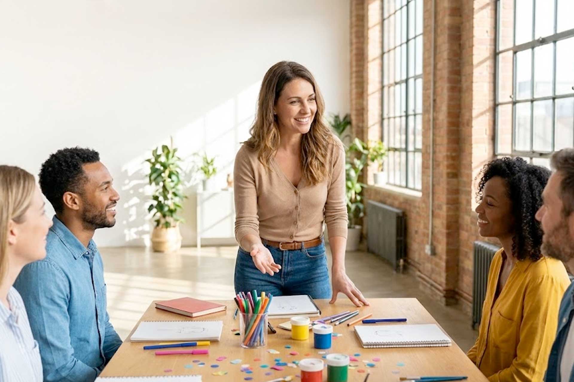 Kursleiterin erklärt einem kleinen Workshop-Team ein Konfetti-Erlebnis in einem hellen Loft.