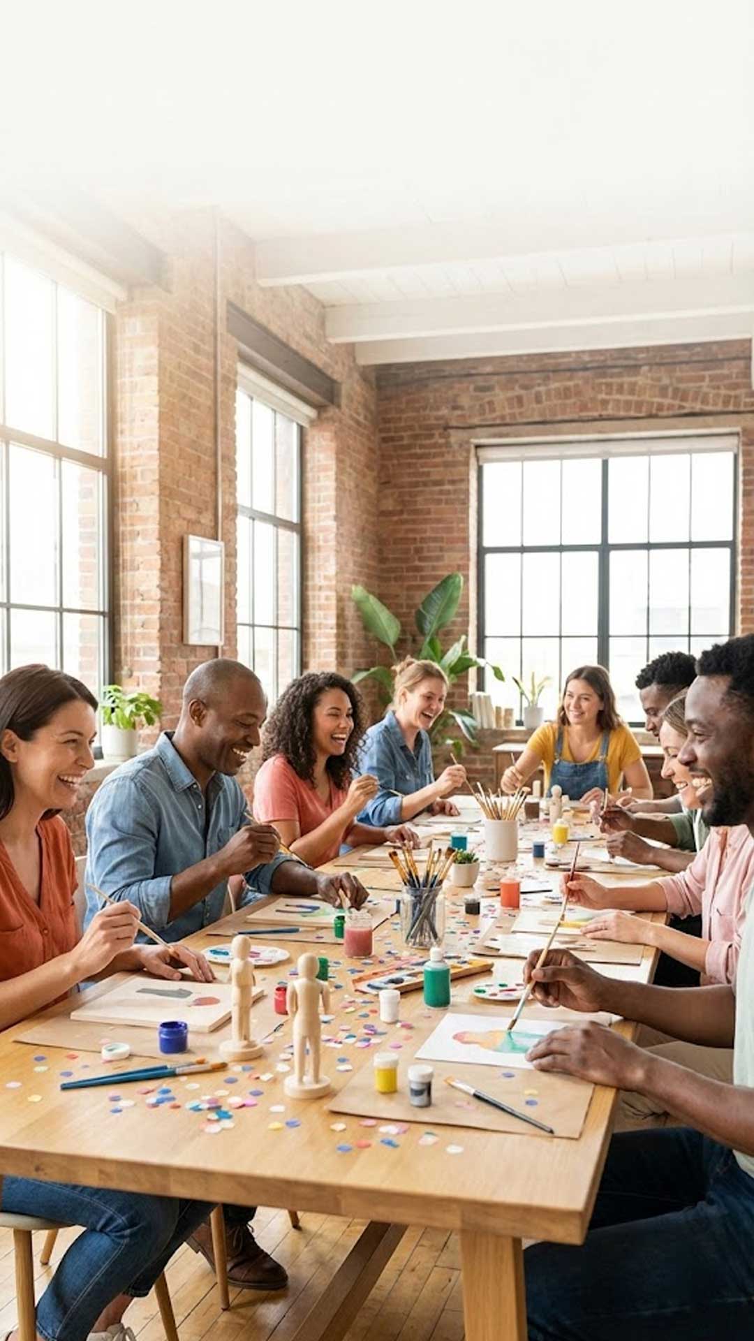 Erwachsene erleben gemeinsam ein kreatives Konfetti-Erlebnis in einem Workshop an einem langen Tisch in heller Loft-Atmosphäre.