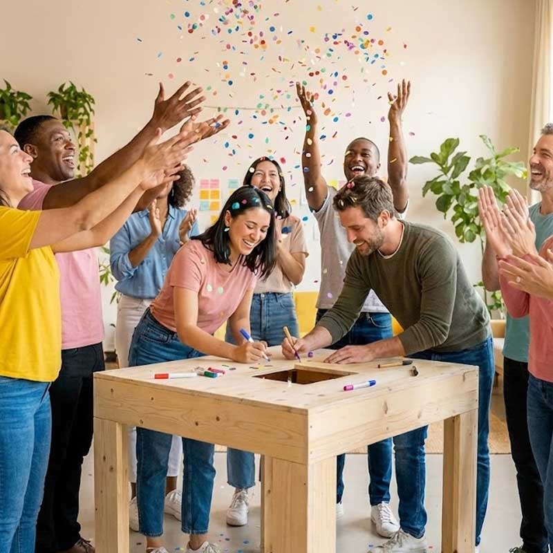 Teamevent in modernem Loft, bei dem ein Team kreativ zusammenarbeitet